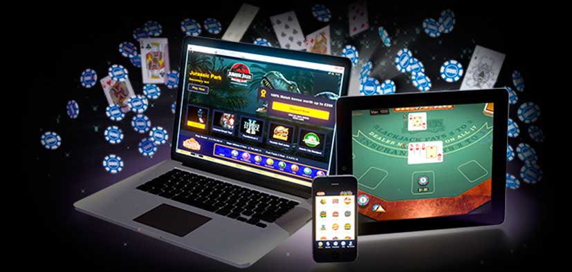 Laptop, platta och mobil med olika casinospel samt spelmarker och spelkort som flyger runt.